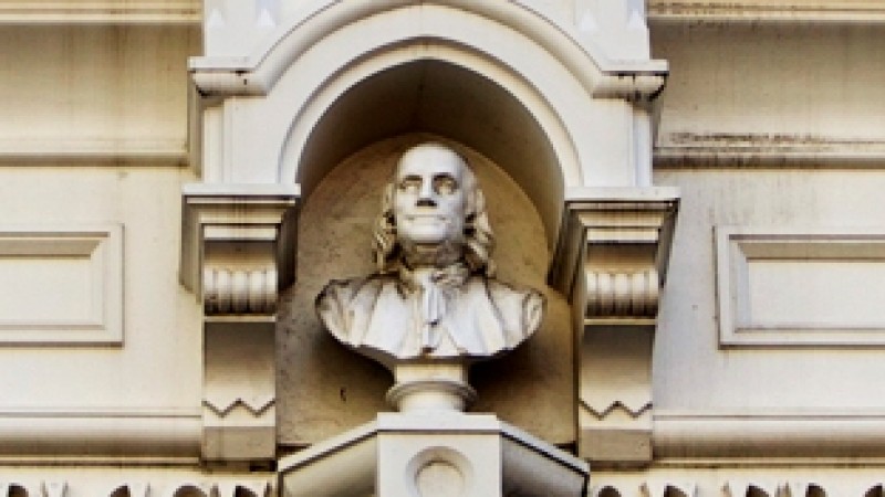 "Ben Franklin: Son Of Boston" (Old City Hall, Irish Famine Memorial, 1 Milk St.)